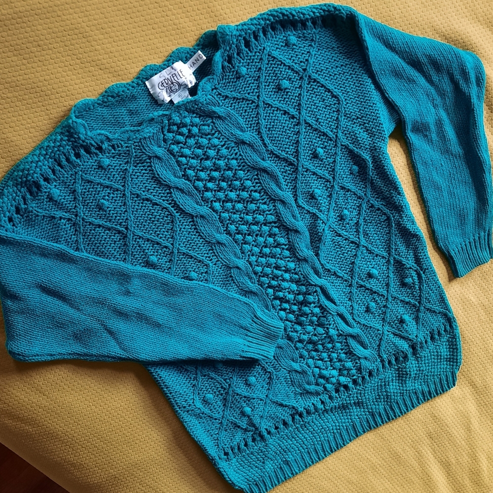 VINTAGE • 80s Hand Knit Crochet Popcorn Sweater - Picture 7 of 10